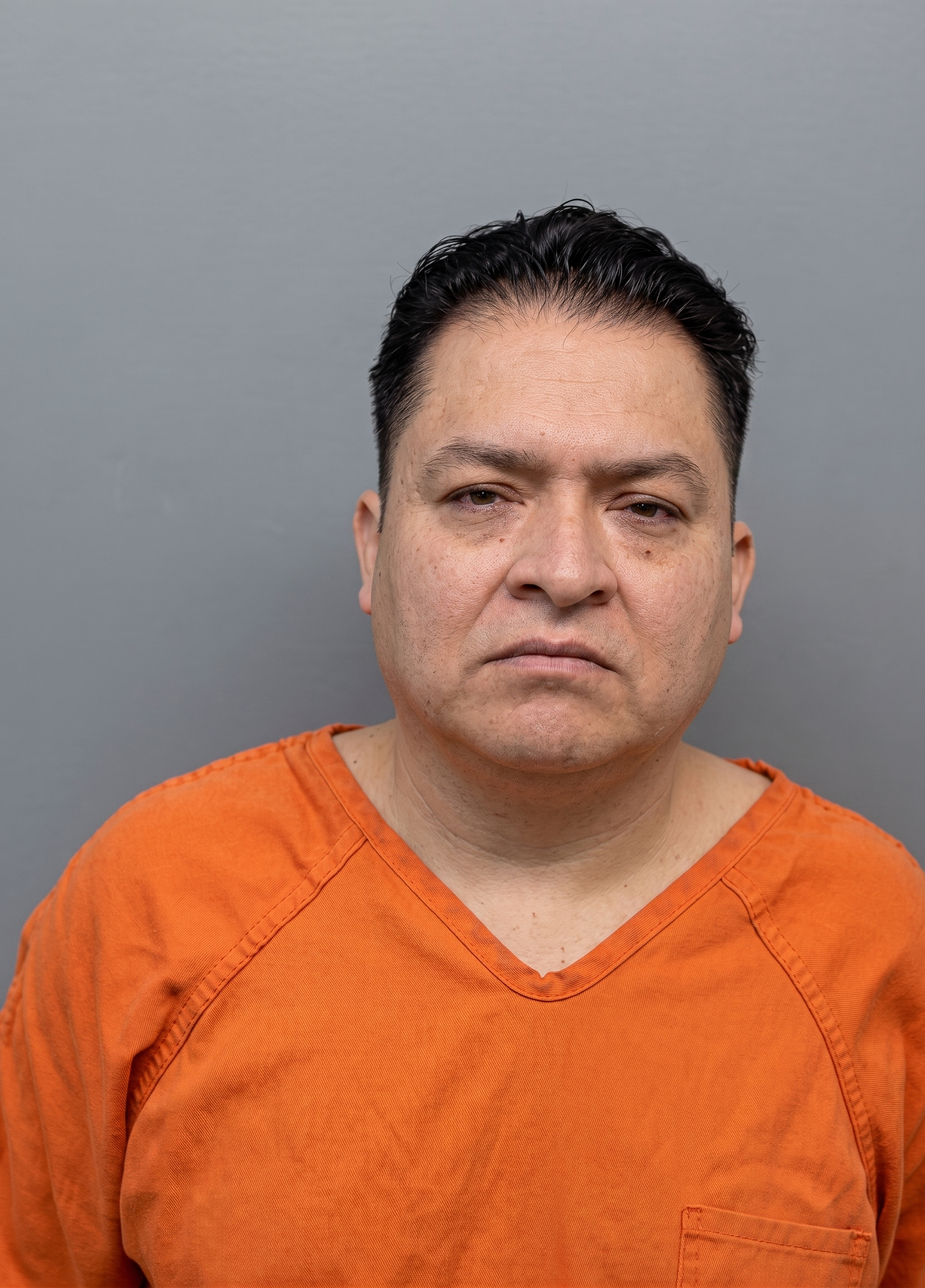 Mugshot-style photo of a man facing the camera, wearing an orange prison jumpsuit, against a gray backdrop.