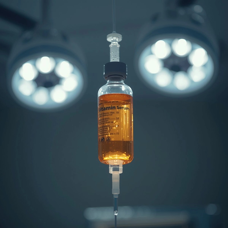 IV drip bag labeled Vitamin Serum containing orange liquid hanging under surgical lights in a hospital setting