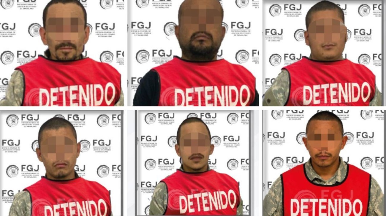 Six men in red 'DETENIDO' vests stand against a backdrop with FGJ logos, faces pixelated for privacy.