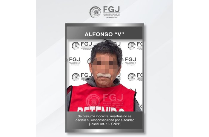 Mugshot-style poster of a man with pixelated eyes wearing a red vest with FGJ logos; caption includes a name in quotes and an innocence disclaimer in Spanish.