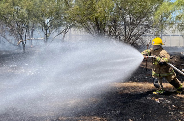 Firefighter in yellow helmet sprays a large water jet to extinguish a brush fire in a scorched, smoky area with trees in the background.