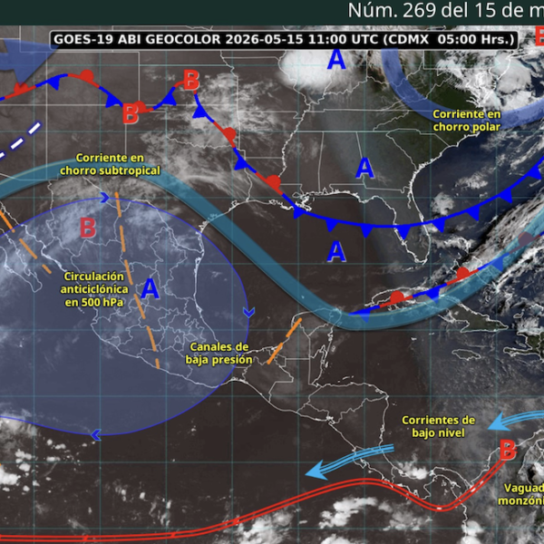 Mapa meteorológico de América con frentes fríos y de baja presión, corrientes de chorro polar, vaguadas y zonas de convergencia intertropical, con etiquetas A y B (Núm. 269, 15 mayo 2026 / 06:00).