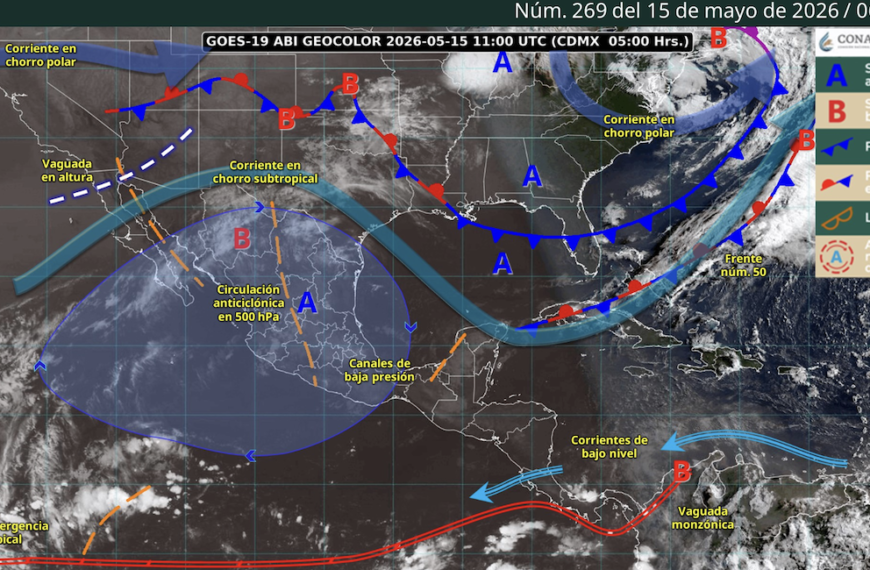 Mapa meteorológico de América con frentes fríos y de baja presión, corrientes de chorro polar, vaguadas y zonas de convergencia intertropical, con etiquetas A y B (Núm. 269, 15 mayo 2026 / 06:00).