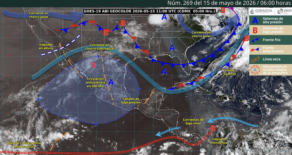 Mapa meteorológico de América con frentes fríos y de baja presión, corrientes de chorro polar, vaguadas y zonas de convergencia intertropical, con etiquetas A y B (Núm. 269, 15 mayo 2026 / 06:00).