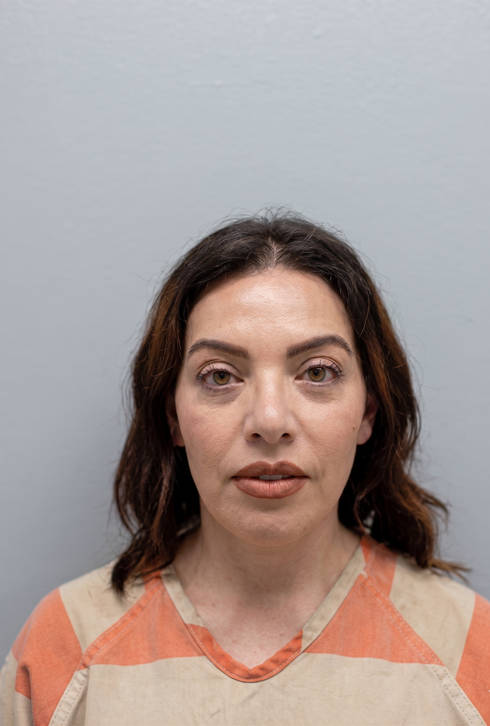 Portrait of a woman with brown hair and brown eyes, wearing an orange striped shirt, against a gray wall.