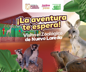 Promotional banner for Nuevo Laredo Zoo showing lemurs, a kangaroo, capybaras and tropical plants with the slogan 'La aventura te espera! Visita el Zoológico de Nuevo Laredo'.