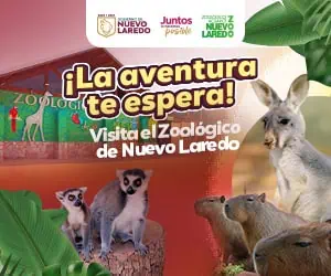 Promotional banner for Nuevo Laredo Zoo showing lemurs, a kangaroo, capybaras and tropical plants with the slogan 'La aventura te espera! Visita el Zoológico de Nuevo Laredo'.