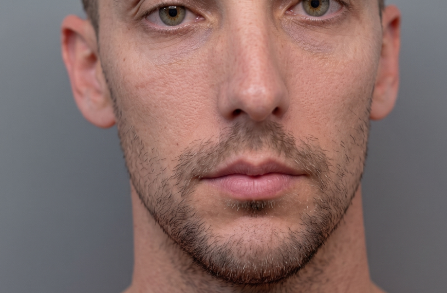 Close-up portrait of a bald man with light stubble, wearing an orange shirt against a gray background.