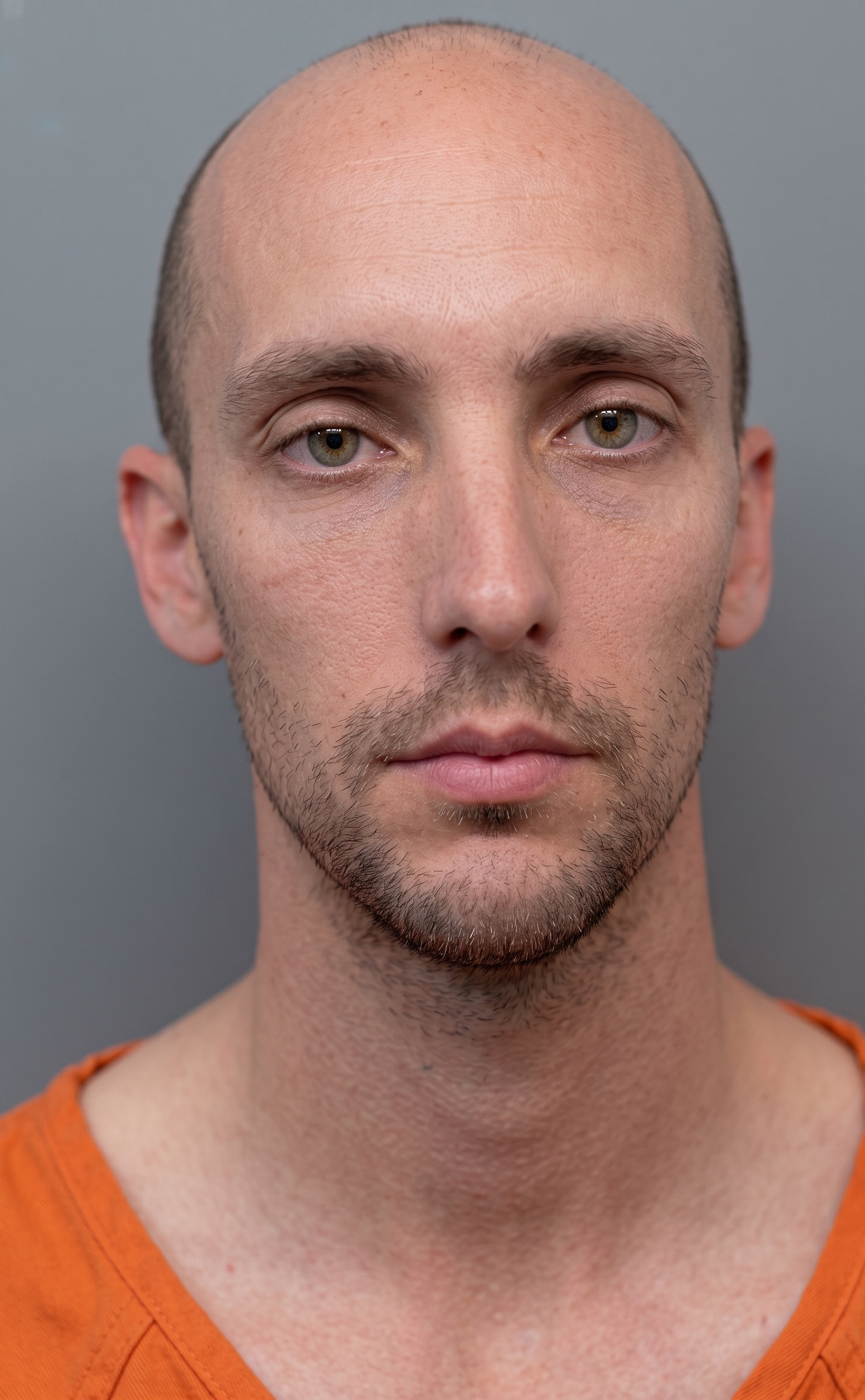 Close-up portrait of a bald man with light stubble, wearing an orange shirt against a gray background.