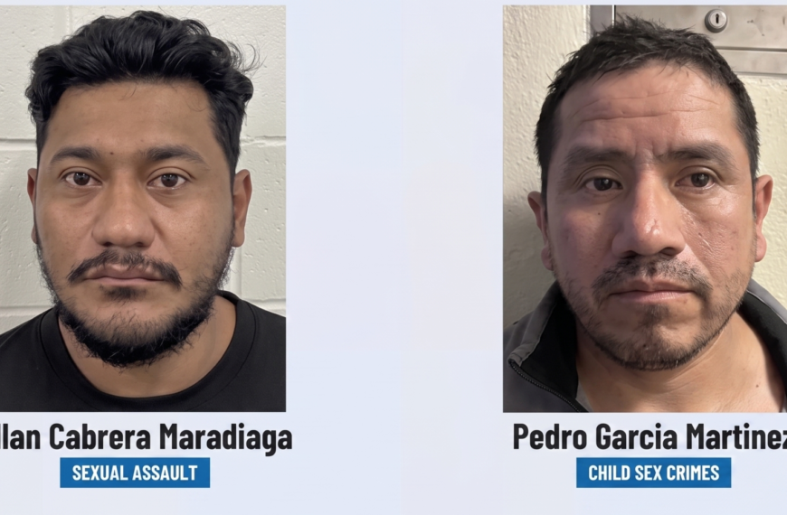 Left: Allan Cabrera Maradiaga mugshot with a blue 'Sexual Assault' banner beneath his name, facing the camera.