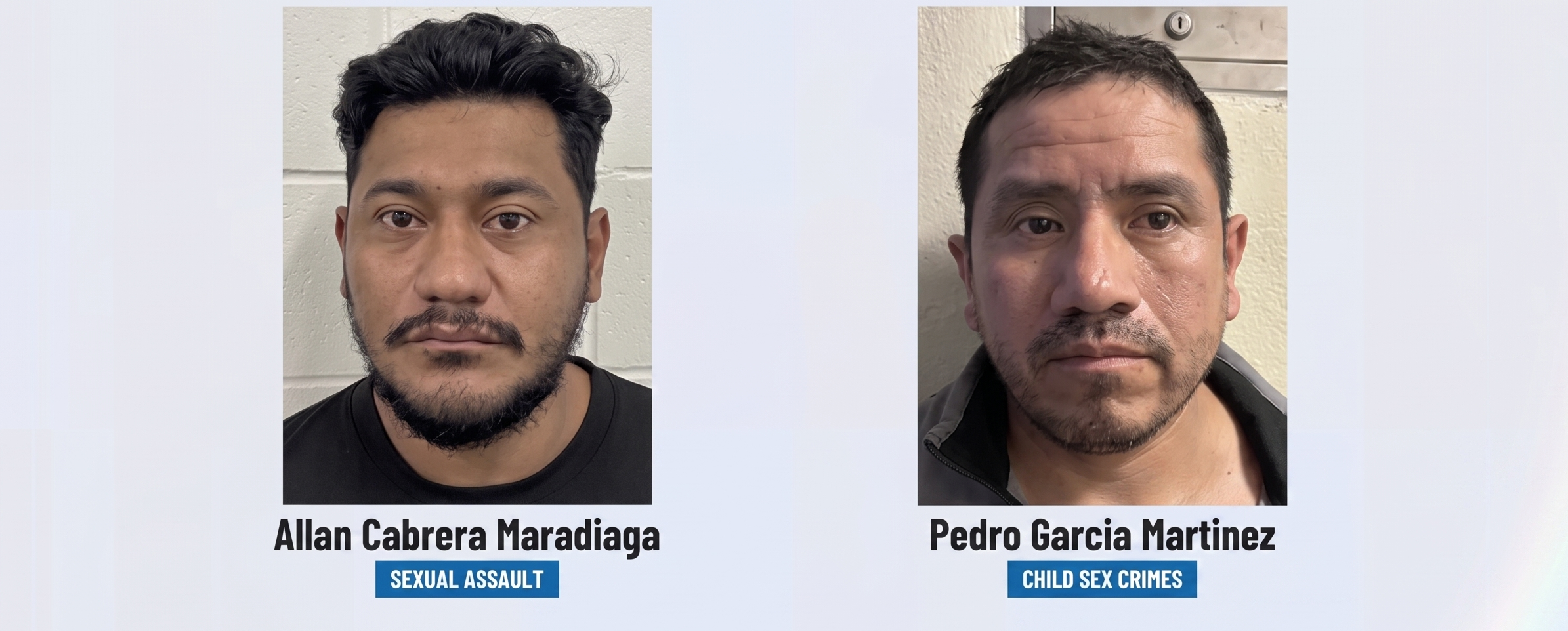 Left: Allan Cabrera Maradiaga mugshot with a blue 'Sexual Assault' banner beneath his name, facing the camera.