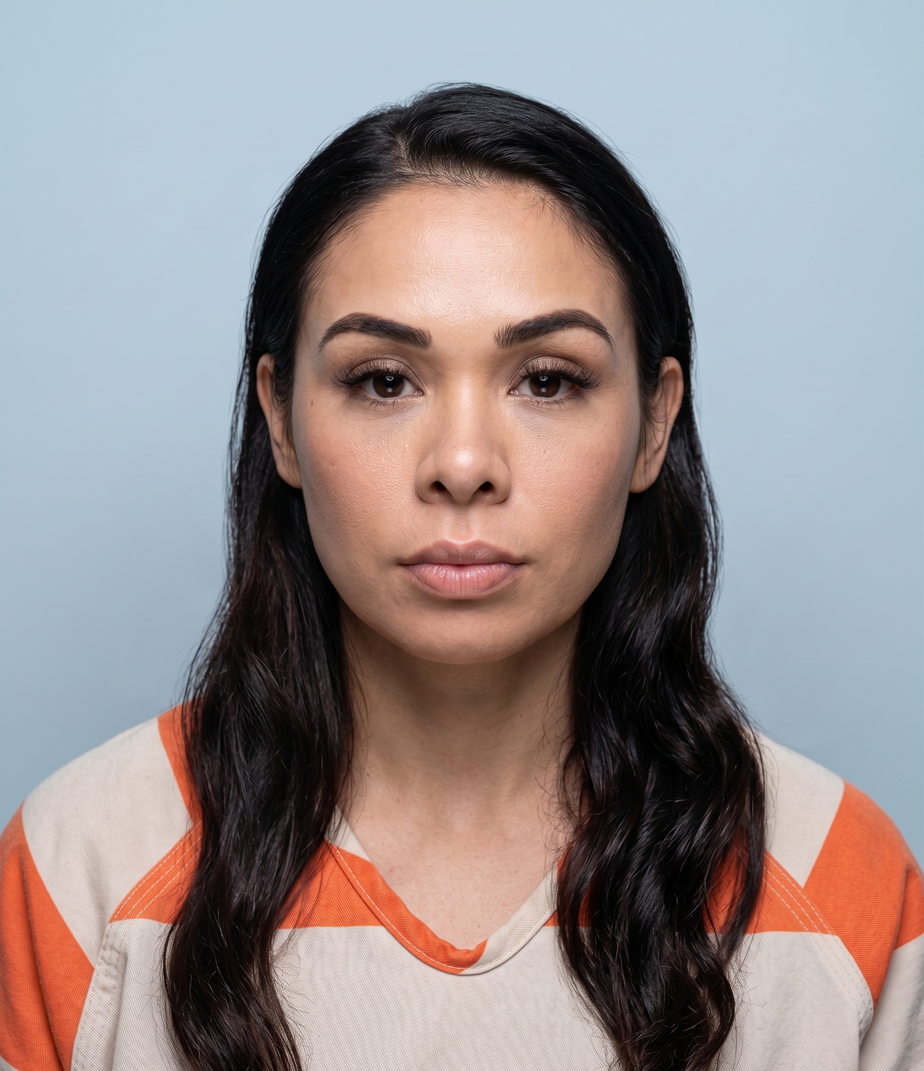 Close-up of a woman's face from the eyebrows to chin, with dark hair and an orange-and-beige striped shirt against a blue background.
