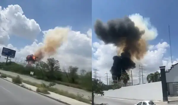 Two side-by-side frames show a vehicle on fire beside a highway with orange flames and thick smoke rising into a cloudy sky.