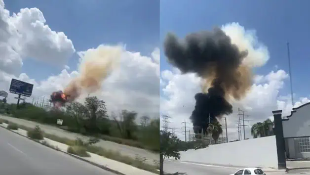 Two side-by-side frames show a vehicle on fire beside a highway with orange flames and thick smoke rising into a cloudy sky.