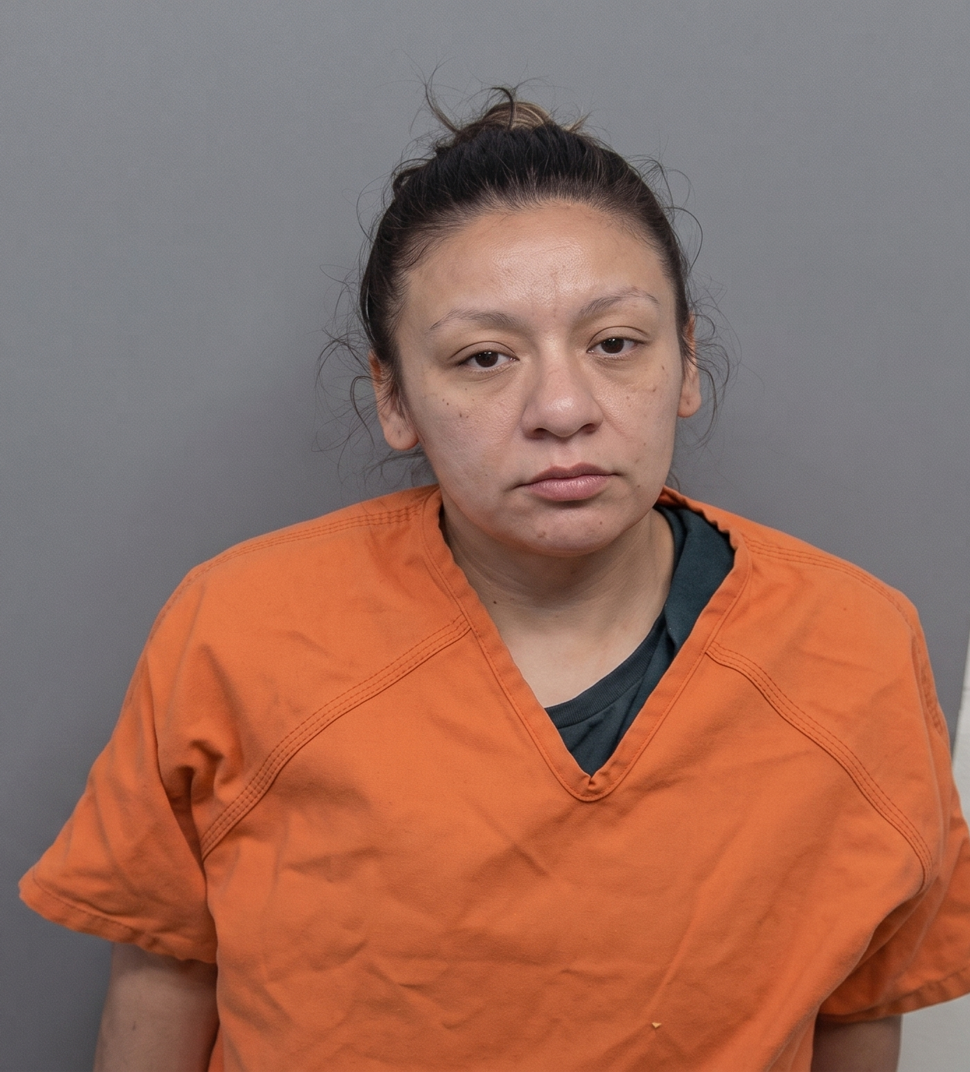 Front-facing mugshot of a woman with brown hair in a bun, wearing an orange jail jumpsuit against a gray backdrop.