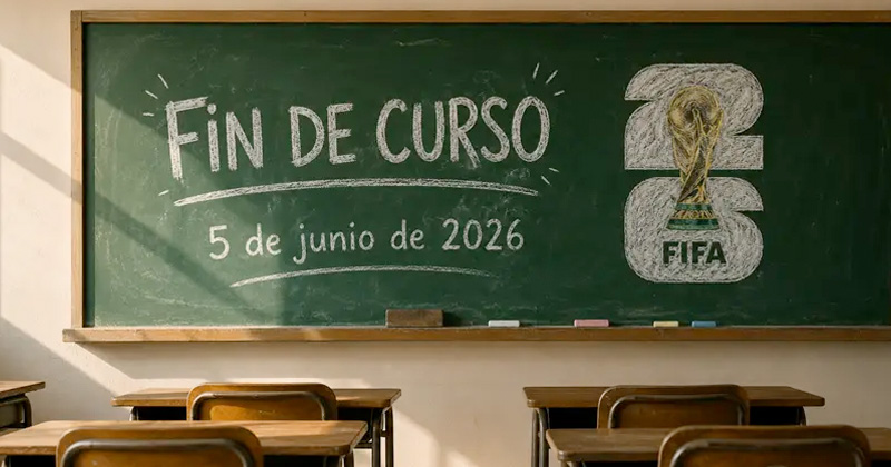 Classroom chalkboard with 'Fin de curso' and date '5 de junio de 2026' beside a large FIFA World Cup trophy graphic; empty desks in the foreground and chalk marks on the board.