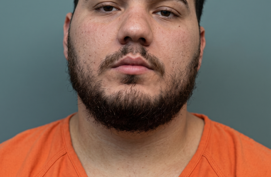 Close-up of a man with dark hair and beard wearing an orange shirt, facing the camera against a teal background.