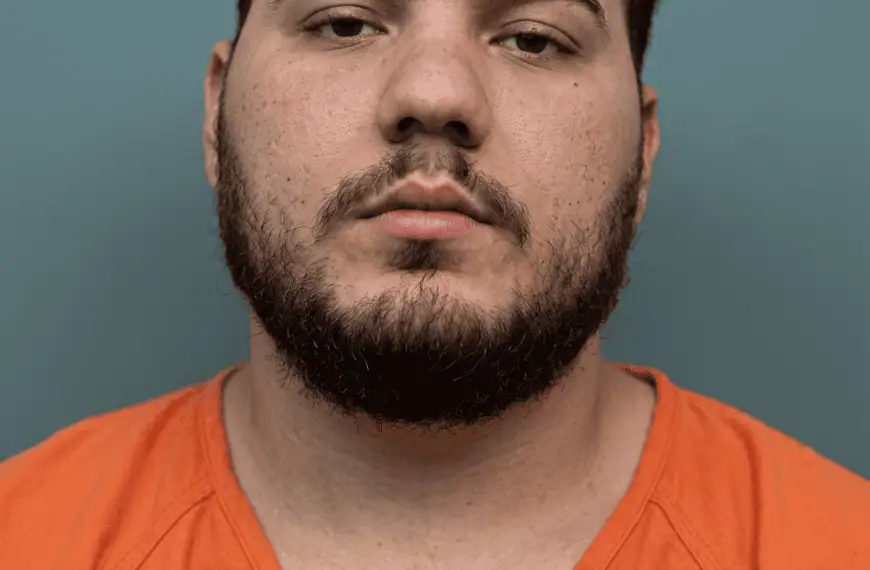 Close-up of a man with dark hair and beard wearing an orange shirt, facing the camera against a teal background.