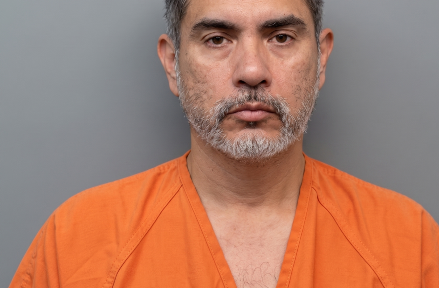 Mugshot-style photo of a middle-aged man with gray-streaked hair and beard wearing an orange prison jumpsuit against a gray backdrop to camera.