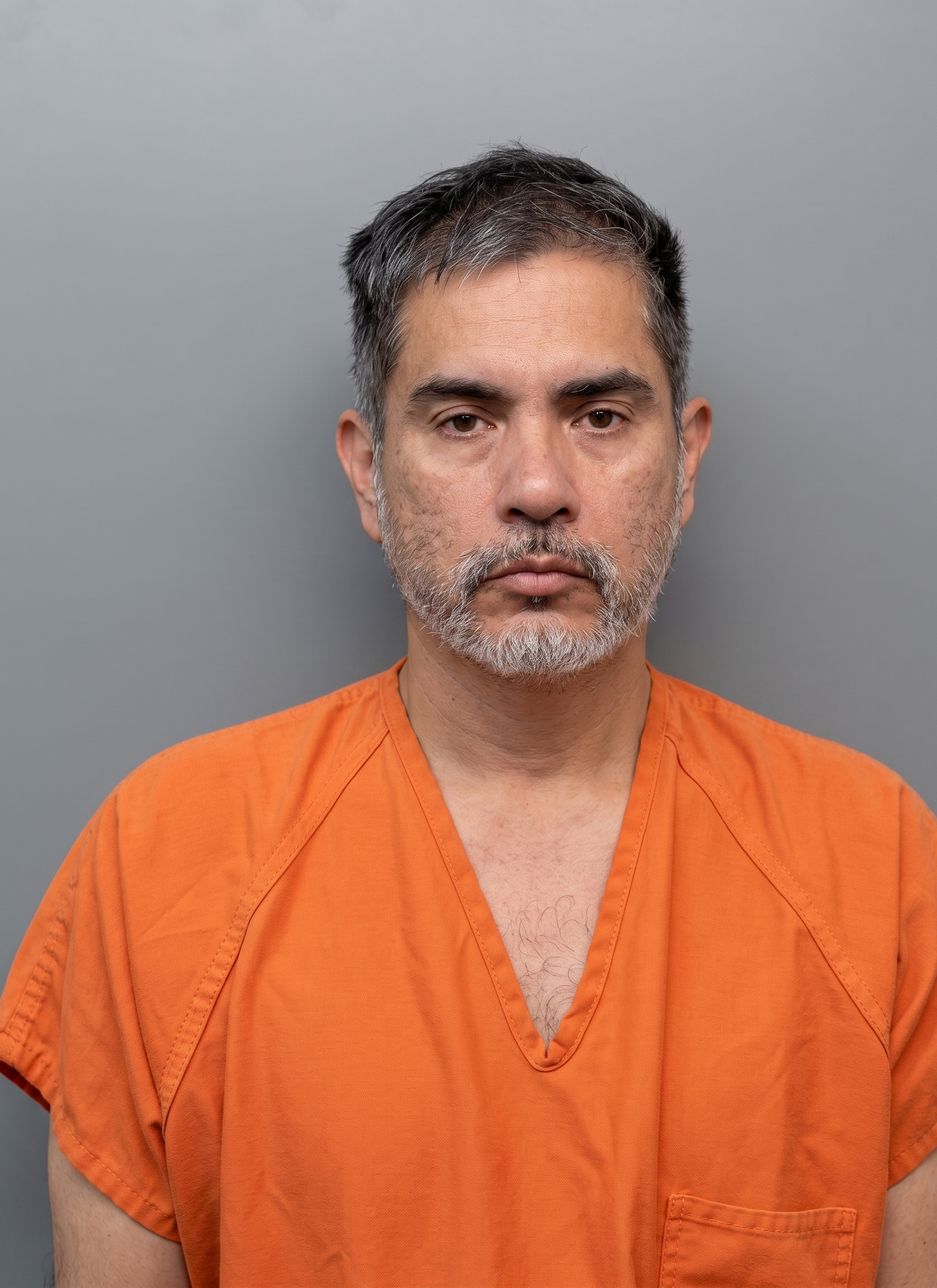 Mugshot-style photo of a middle-aged man with gray-streaked hair and beard wearing an orange prison jumpsuit against a gray backdrop to camera.