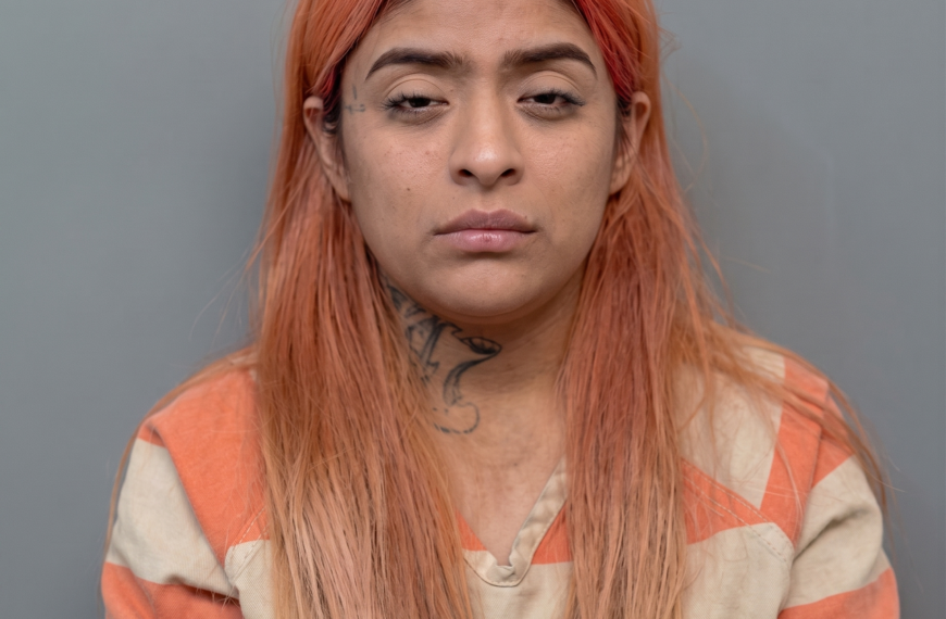 Close-up portrait of a person with long pink hair and a neutral expression, wearing an orange striped shirt against a gray backdrop.