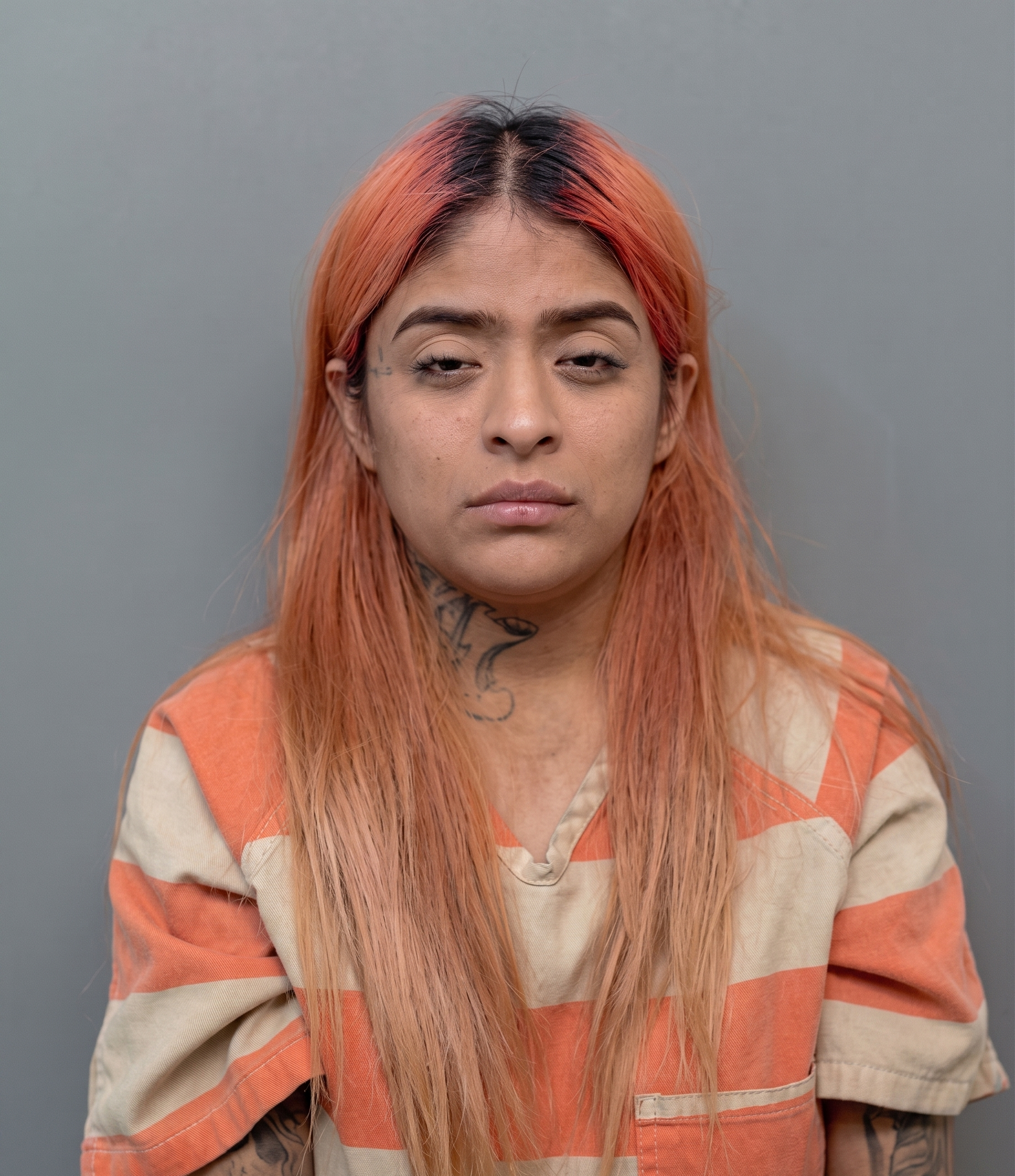 Close-up portrait of a person with long pink hair and a neutral expression, wearing an orange striped shirt against a gray backdrop.