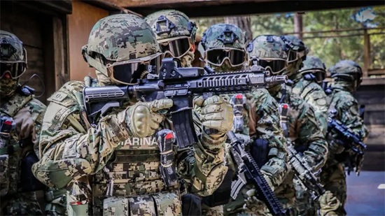 Squad of soldiers in camouflage uniforms and helmets aiming assault rifles in formation.